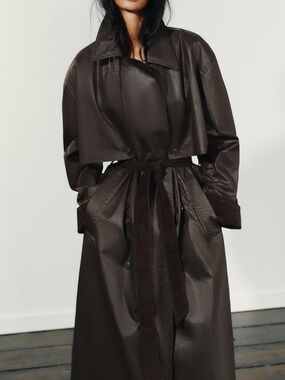 Zara 🔥 Long Oversized Trench Coat Waxing and Cordoroy Cuffs Dark Brown Women’s